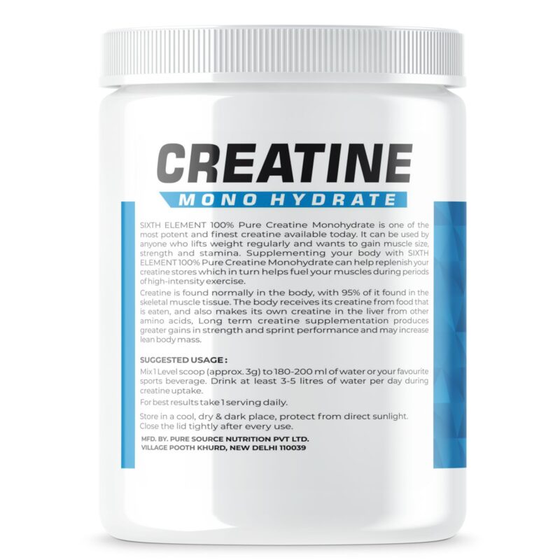 An image showcasing creatine monohydrate supplement jar's about product information and suggested usage