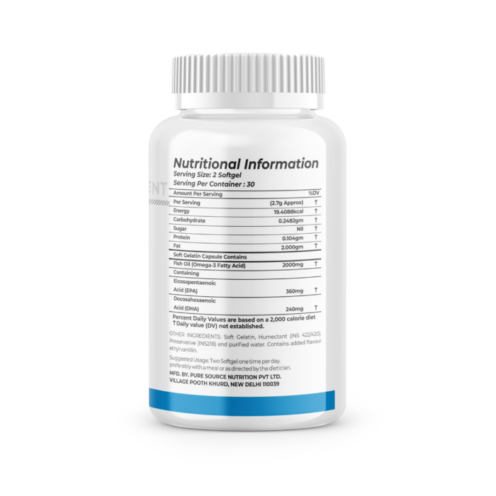 An image showcasing Omega 3 capsules nutritional information on its bottle