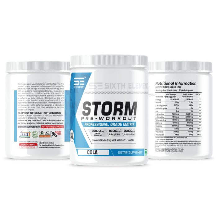 An image showcasing Storm pre workout supplement jar with nutritional and warning information on its jar