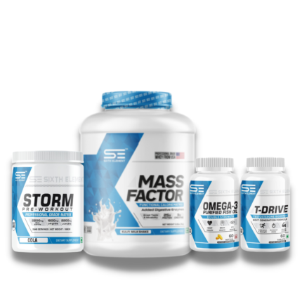 An image showcasing Mass factor whey protein powder jar , storm pre workout supplement jar, Omega 3 Capsules bottle, and T- Drive tablets bottle