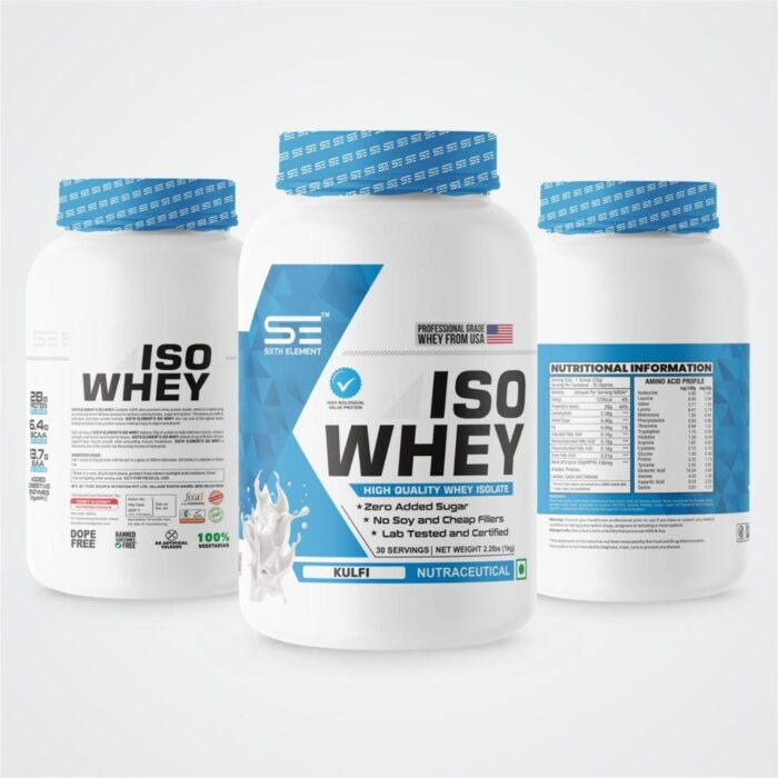 An image showcasing ISO whey protein powder jar and its nutritional information