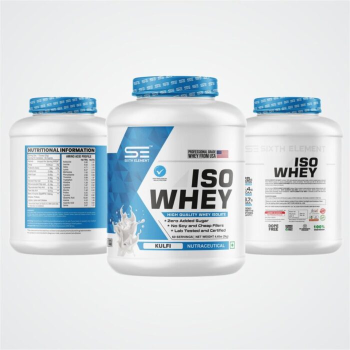 An image showcasing ISO whey protein powder jar and its nutritional information