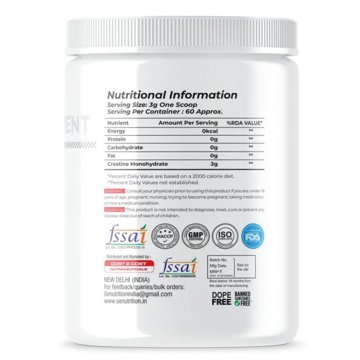 An image showcasing creatine monohydrate supplement jar's nutritional information