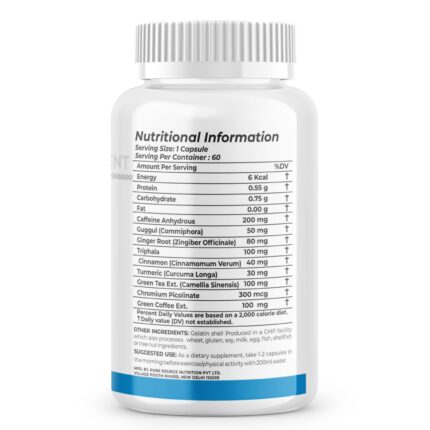 An image showcasing fat burner capsules nutritional information on its bottle