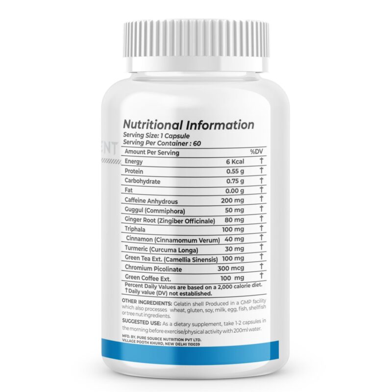 An image showcasing fat burner capsules nutritional information on its bottle