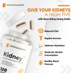 An image promoting kidney well-being habits featuring a Kidney+ supplement product bottle.