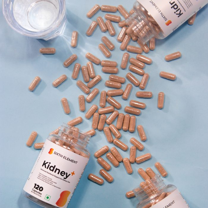 An image showcasing kidney+ supplement product bottle and its capsules