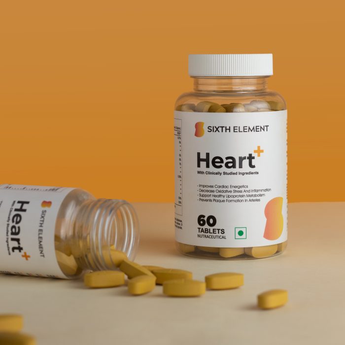 An image showcasing Heart+ supplement product bottle and its tablets